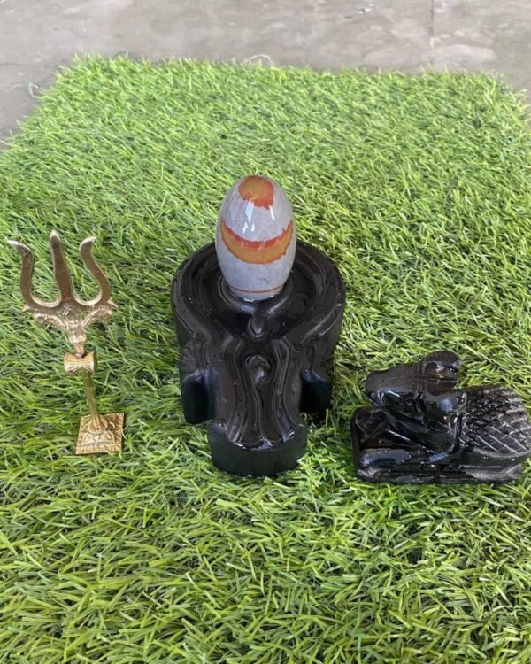 Statue of two bulls, one made of stone and the other made of shivansh Narmadeshwar shivling.